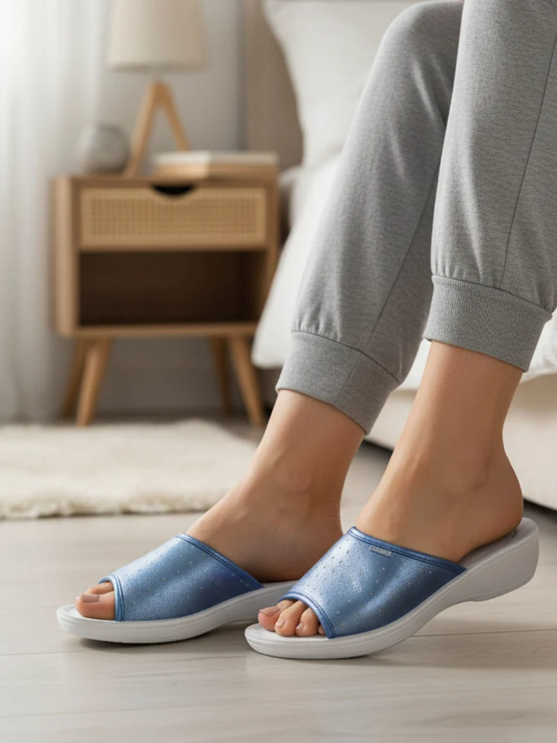 Ciabatte sanitarie da donna aperte con plantare in pelle - jeans