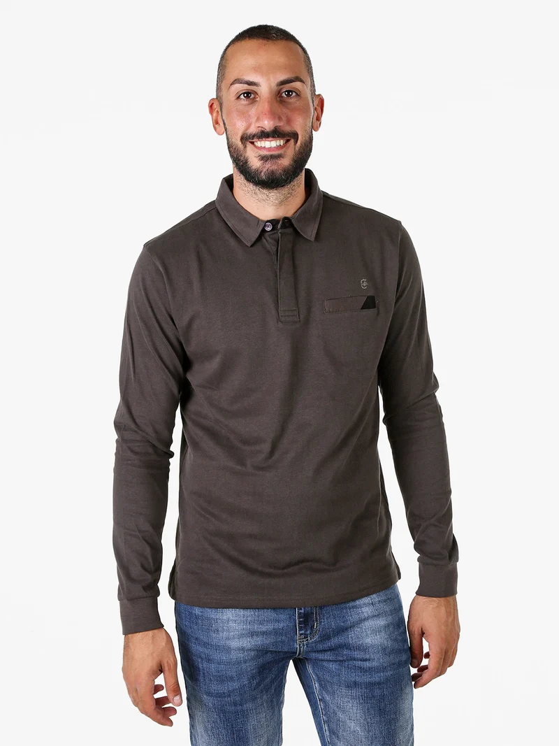 Polo da uomo a maniche lunghe in cotone con finto taschino - antracite