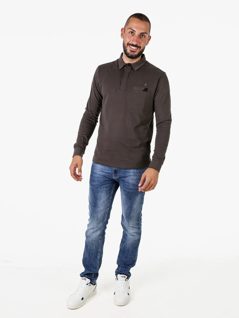 Polo da uomo a maniche lunghe in cotone con finto taschino - antracite