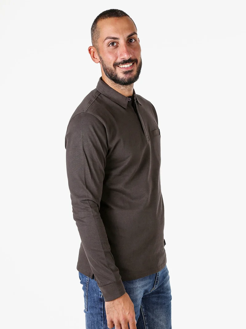 Polo da uomo a maniche lunghe in cotone con finto taschino - antracite