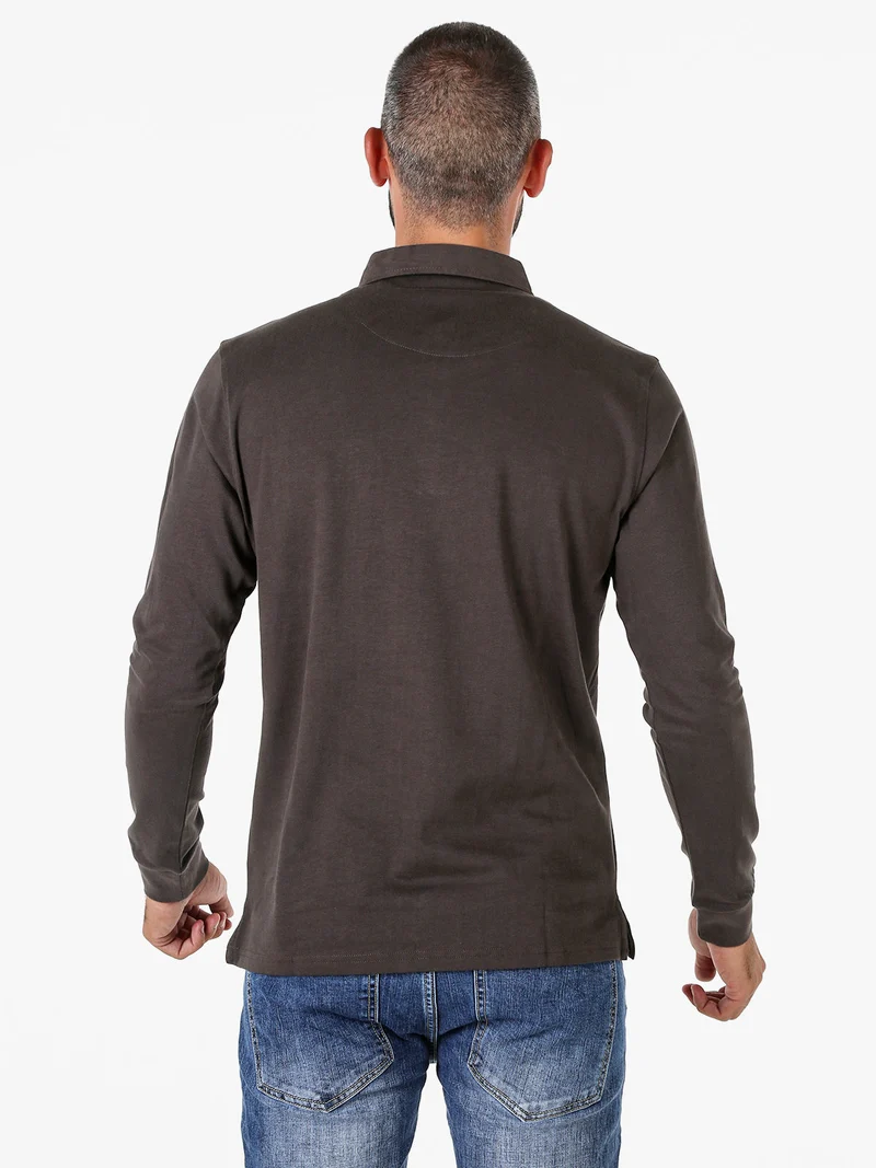 Polo da uomo a maniche lunghe in cotone con finto taschino - antracite