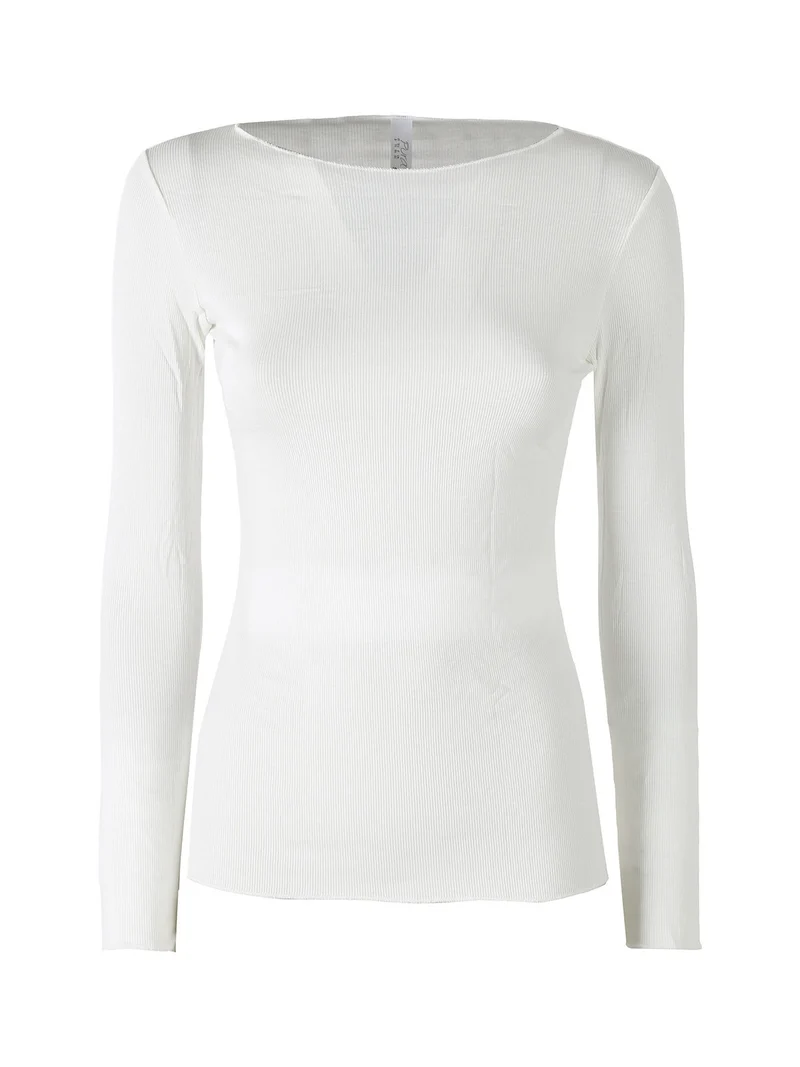 P0735M Maglietta donna a costine in cashmere con scollo a barca - naturale