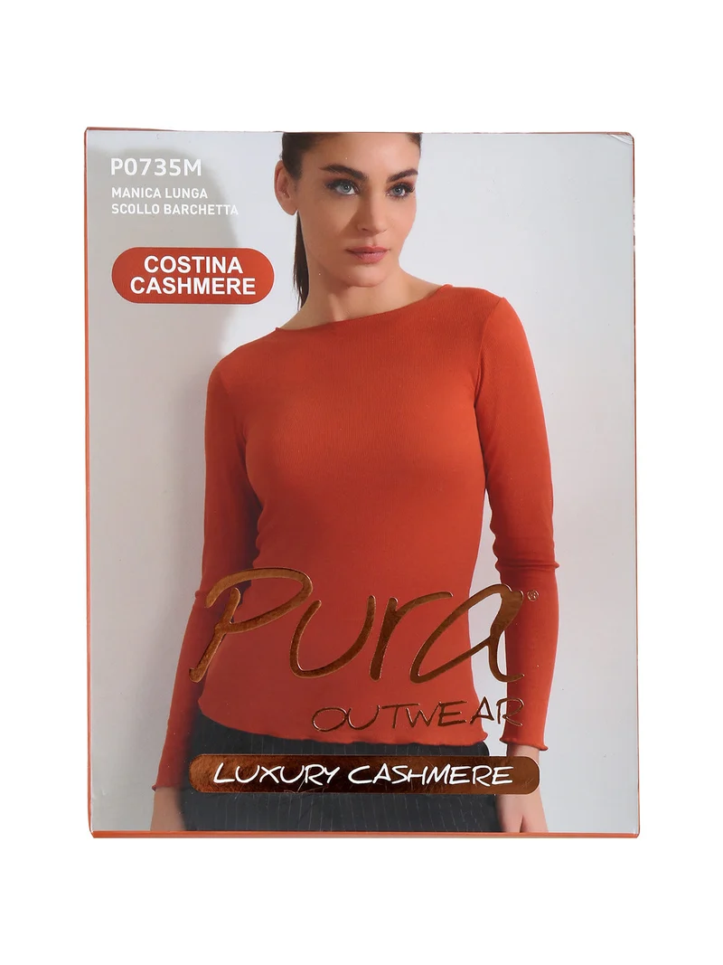 P0735M Maglietta donna a costine in cashmere con scollo a barca - naturale