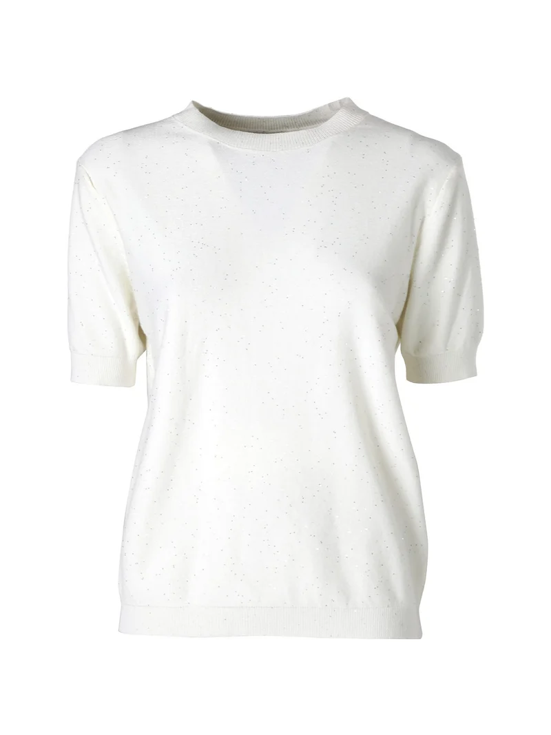 Maglia girocollo da donna a maniche corte con mini paillettes - panna
