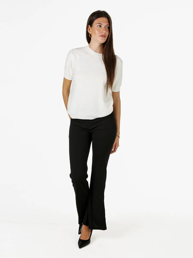 Maglia girocollo da donna a maniche corte con mini paillettes - panna