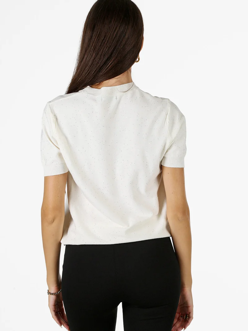 Maglia girocollo da donna a maniche corte con mini paillettes - panna