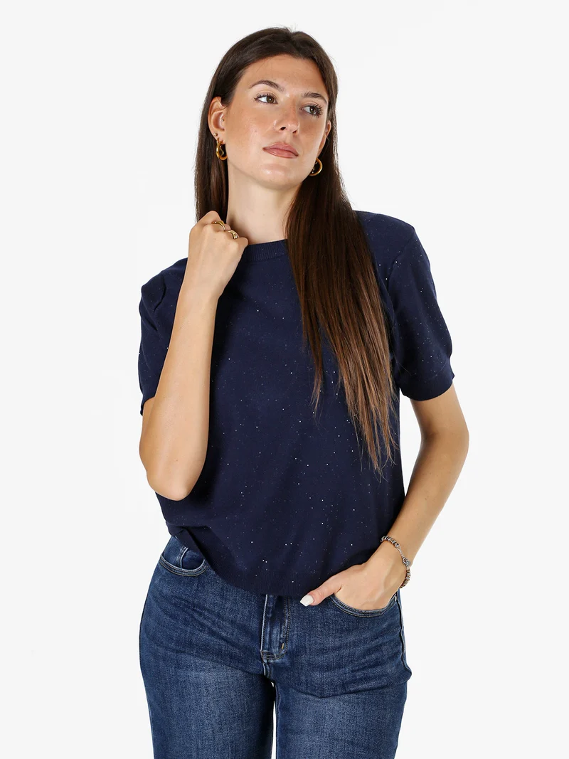 Maglia girocollo da donna a maniche corte con mini paillettes - blu scuro
