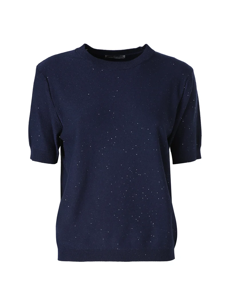 Maglia girocollo da donna a maniche corte con mini paillettes - blu scuro