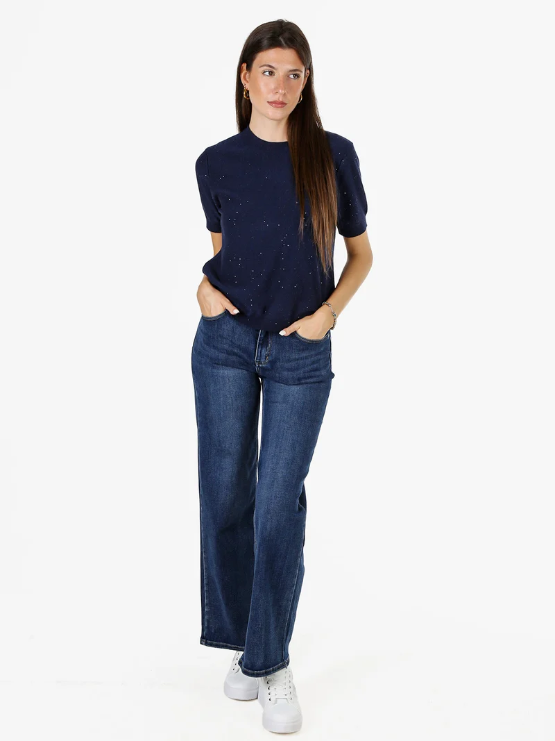 Maglia girocollo da donna a maniche corte con mini paillettes - blu scuro