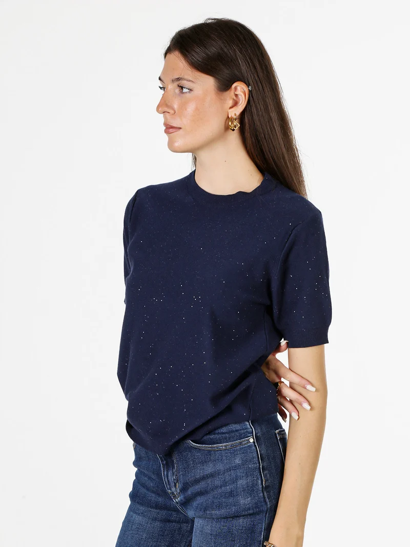 Maglia girocollo da donna a maniche corte con mini paillettes - blu scuro