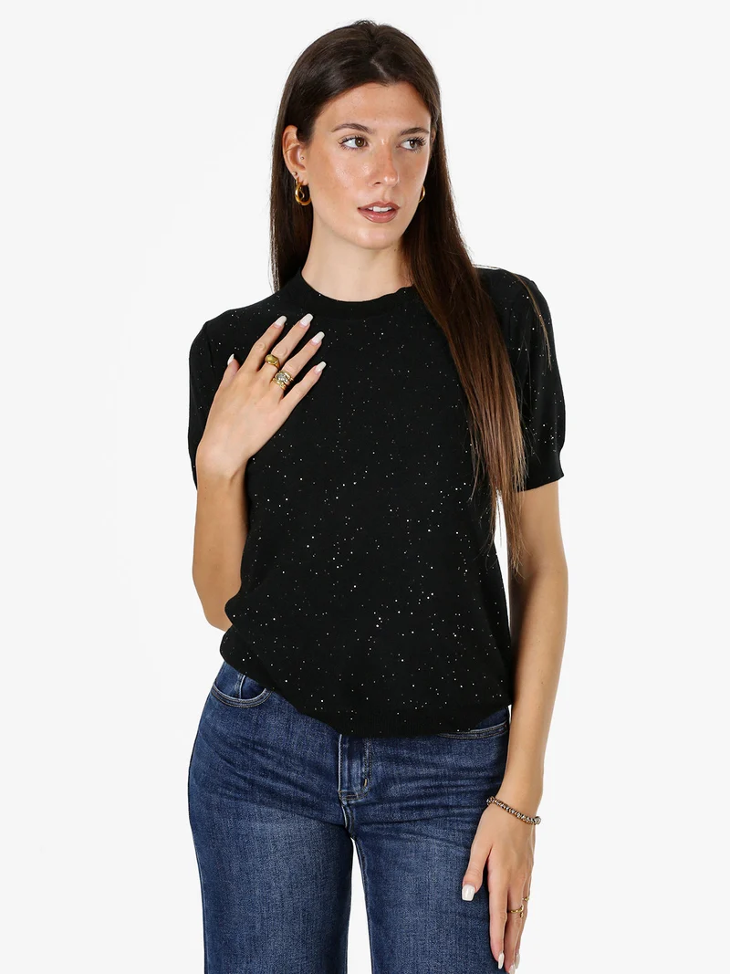 Maglia girocollo da donna a maniche corte con mini paillettes - nero