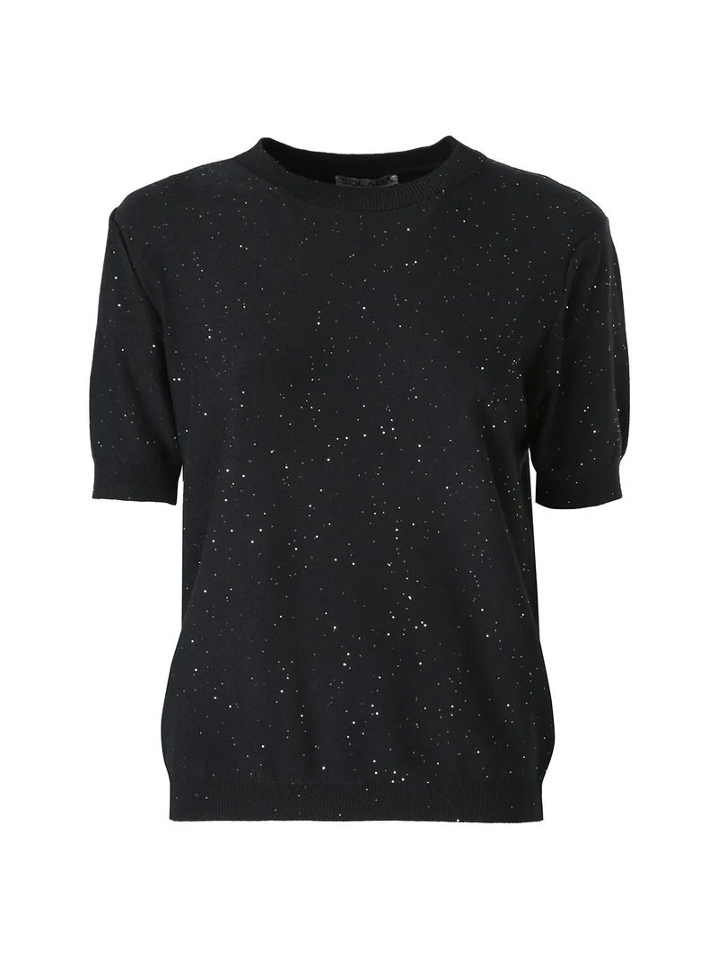 Maglia girocollo da donna a maniche corte con mini paillettes - nero