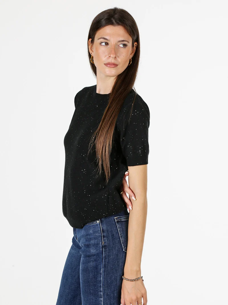 Maglia girocollo da donna a maniche corte con mini paillettes - nero