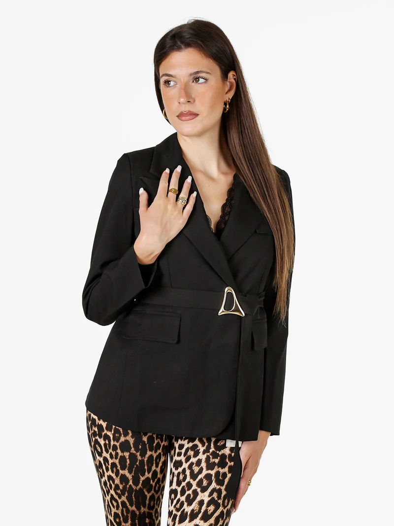 Blazer donna a doppiopetto con cintura in vita - nero