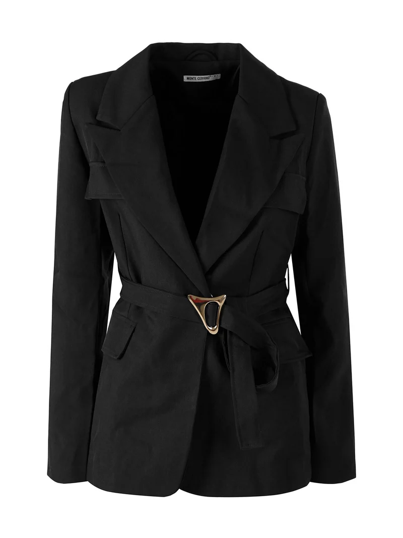 Blazer donna a doppiopetto con cintura in vita - nero