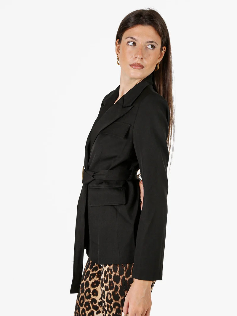 Blazer donna a doppiopetto con cintura in vita - nero