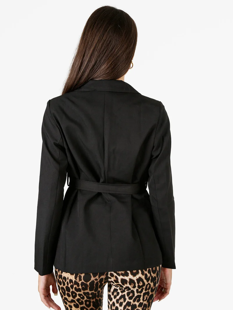 Blazer donna a doppiopetto con cintura in vita - nero