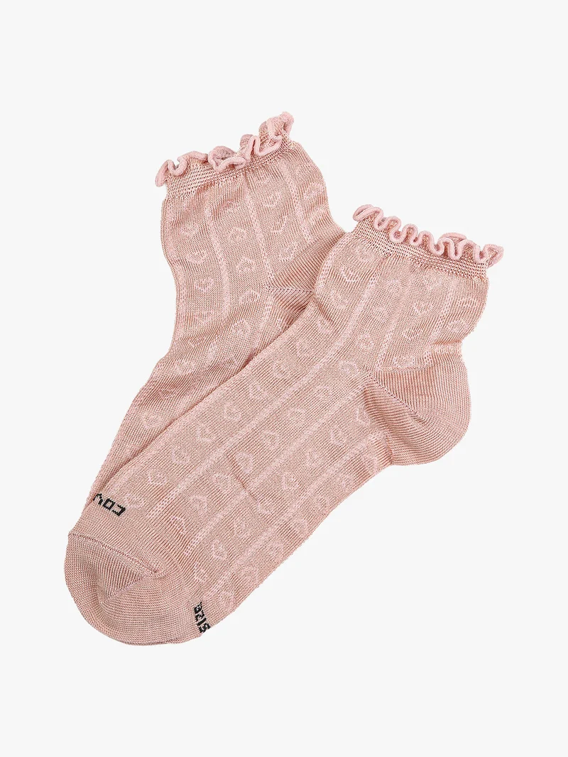 Calze corte da donna con ricami a cuore e bordo a volant - rosa