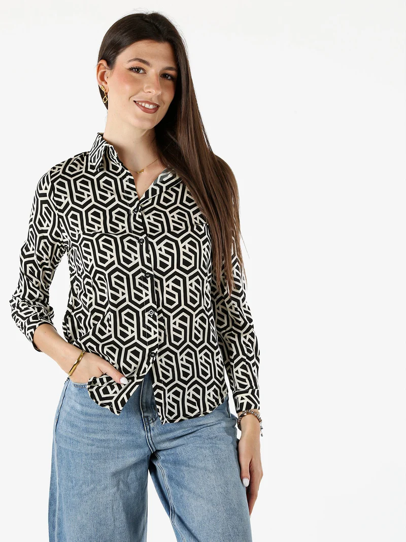 Camicia donna a maniche lunghe con stampe - nero