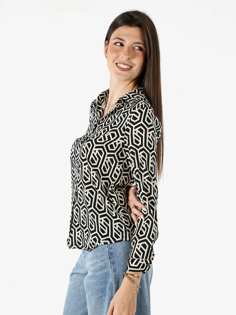 Camicia donna a maniche lunghe con stampe - nero