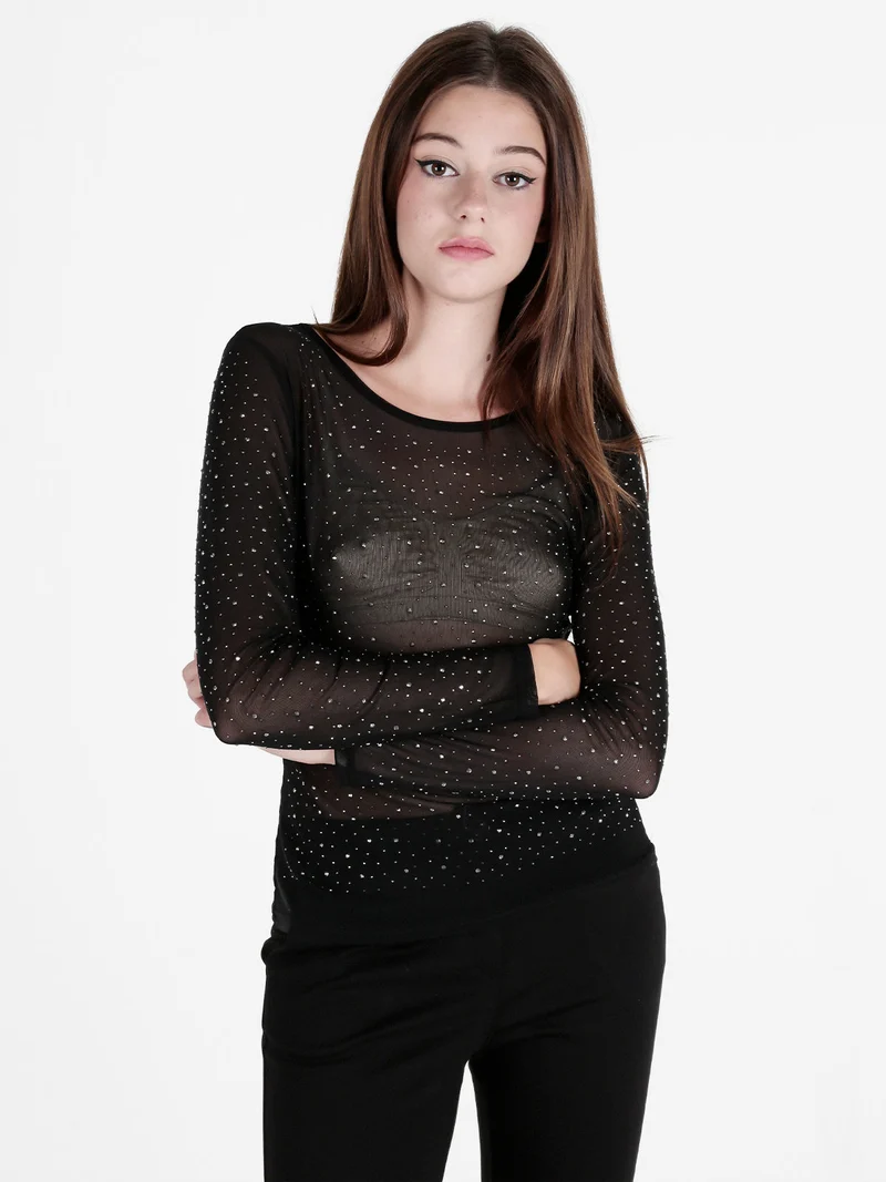 Top donna in tulle a maniche lunghe con strass - nero
