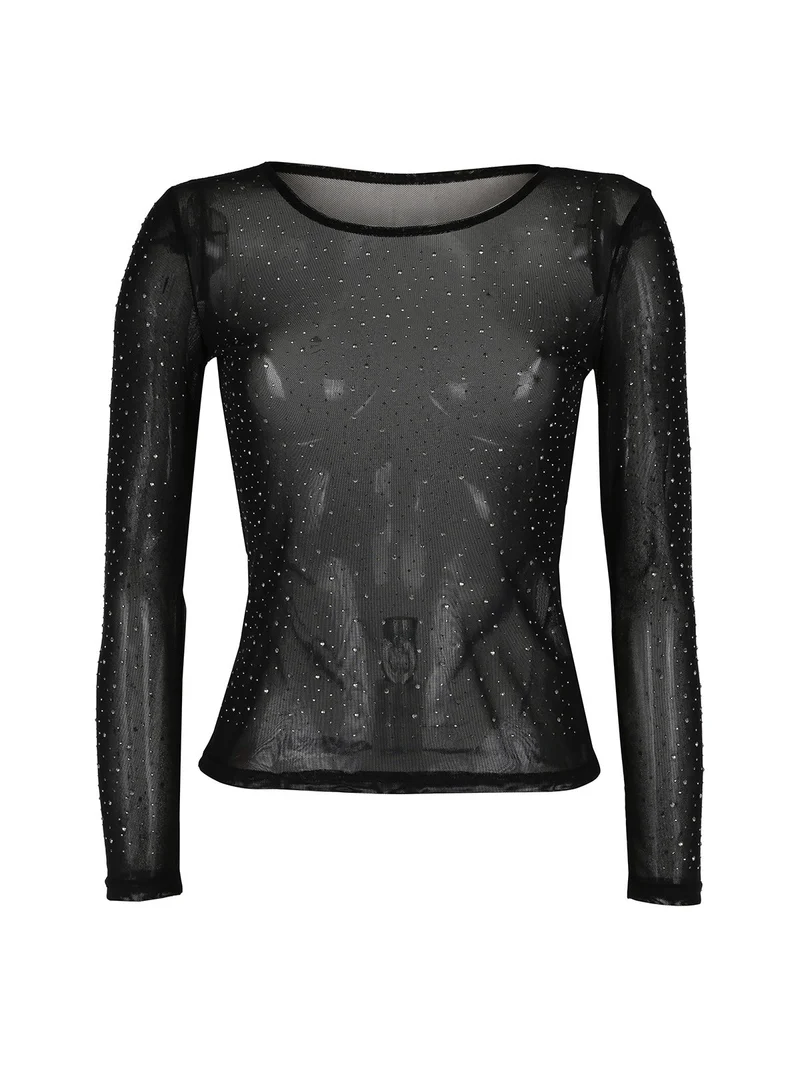 Top donna in tulle a maniche lunghe con strass - nero