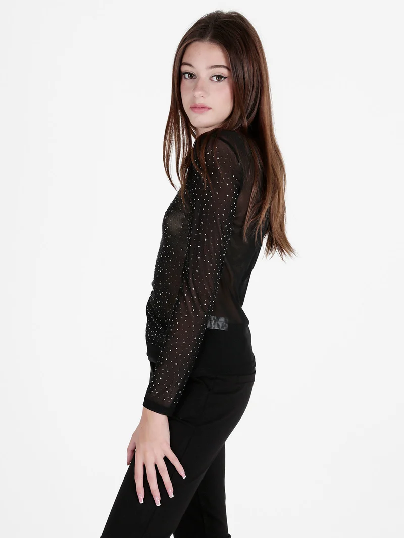 Top donna in tulle a maniche lunghe con strass - nero