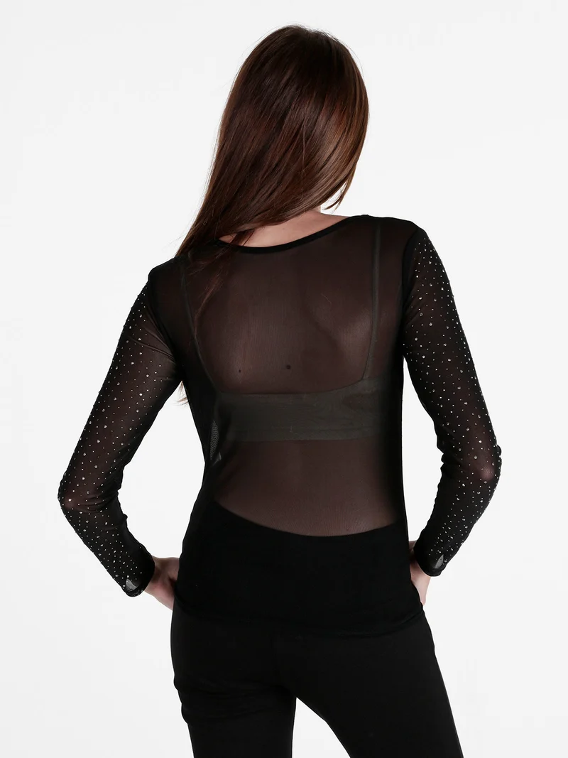 Top donna in tulle a maniche lunghe con strass - nero