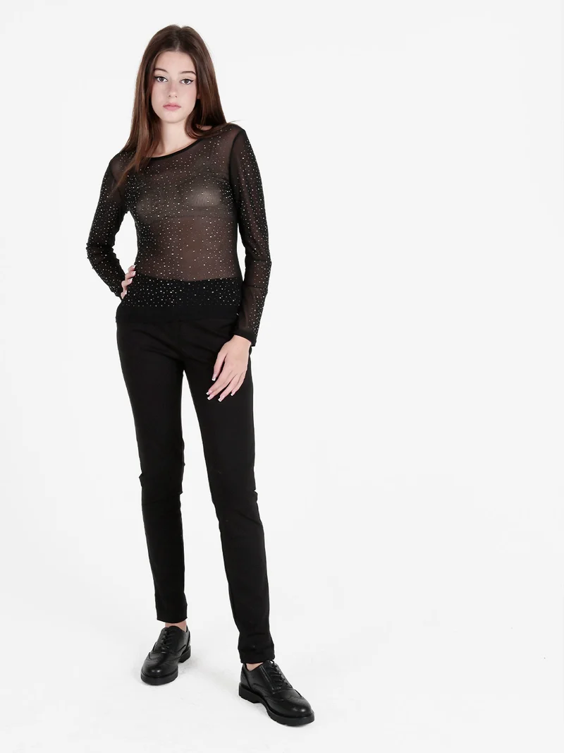 Top donna in tulle a maniche lunghe con strass - nero
