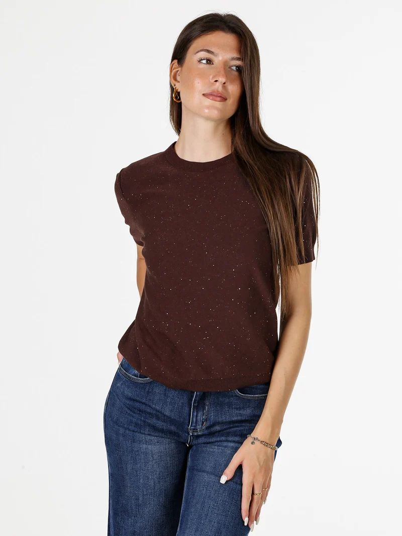 Maglia girocollo da donna a maniche corte con mini paillettes - moro