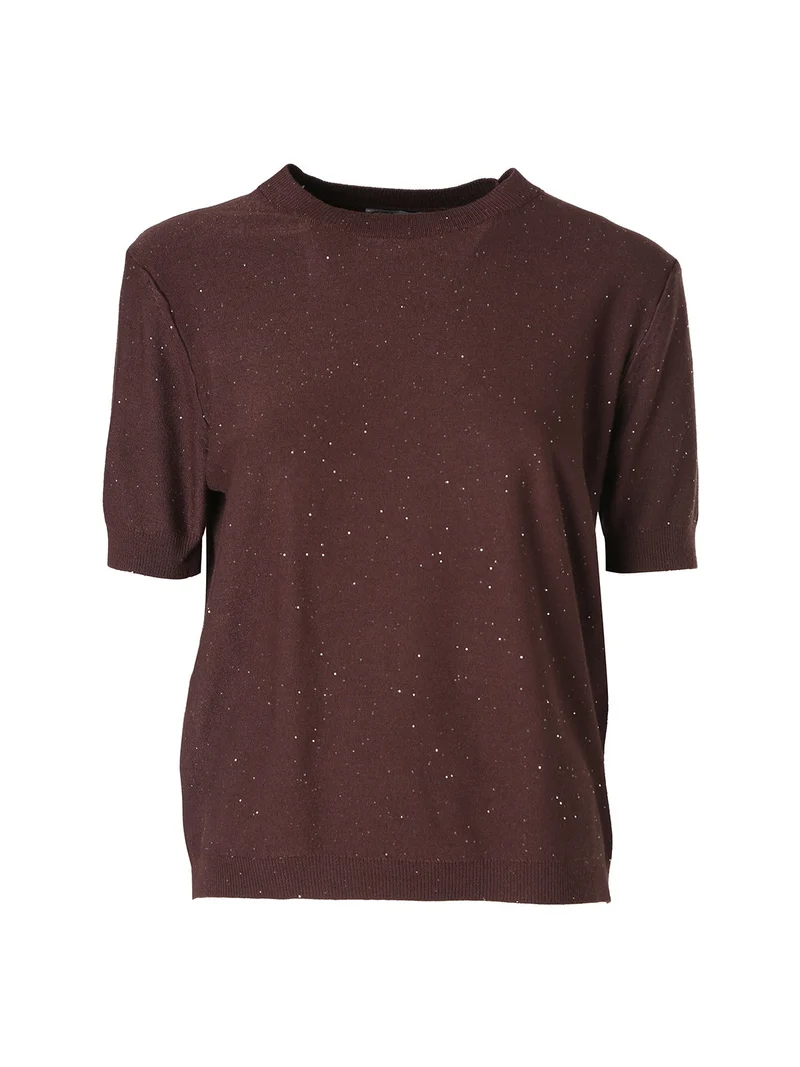 Maglia girocollo da donna a maniche corte con mini paillettes - moro
