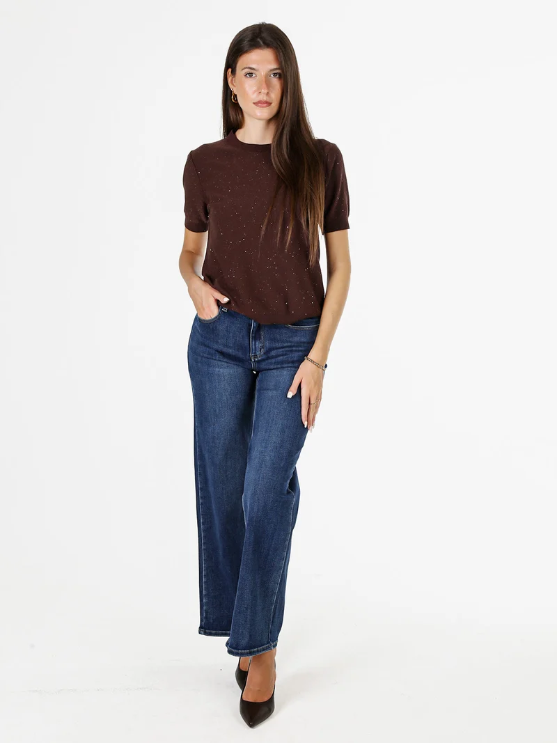 Maglia girocollo da donna a maniche corte con mini paillettes - moro