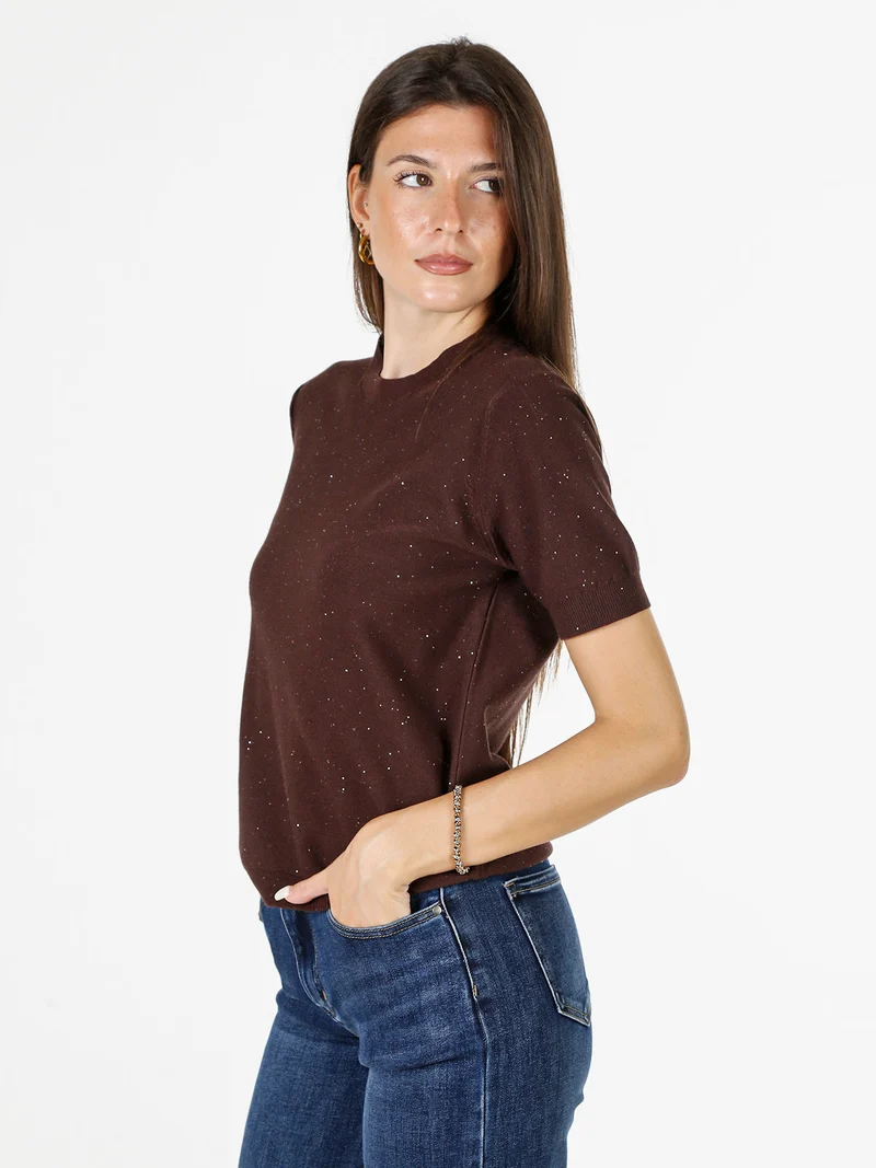 Maglia girocollo da donna a maniche corte con mini paillettes - moro