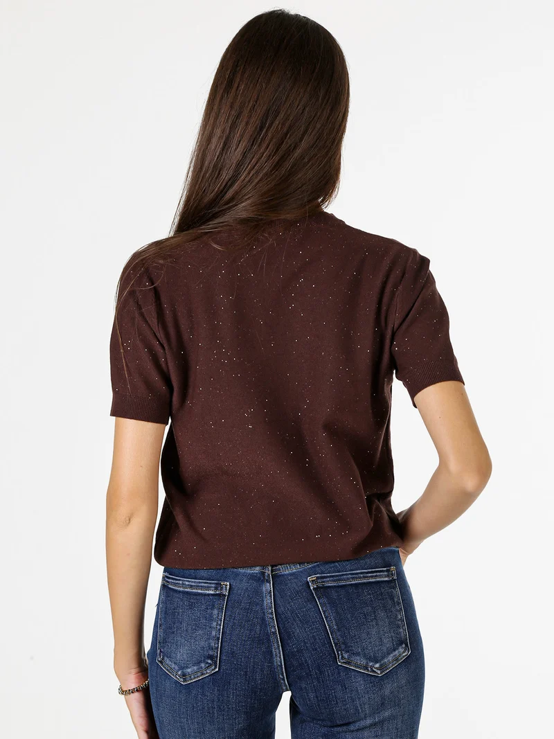 Maglia girocollo da donna a maniche corte con mini paillettes - moro