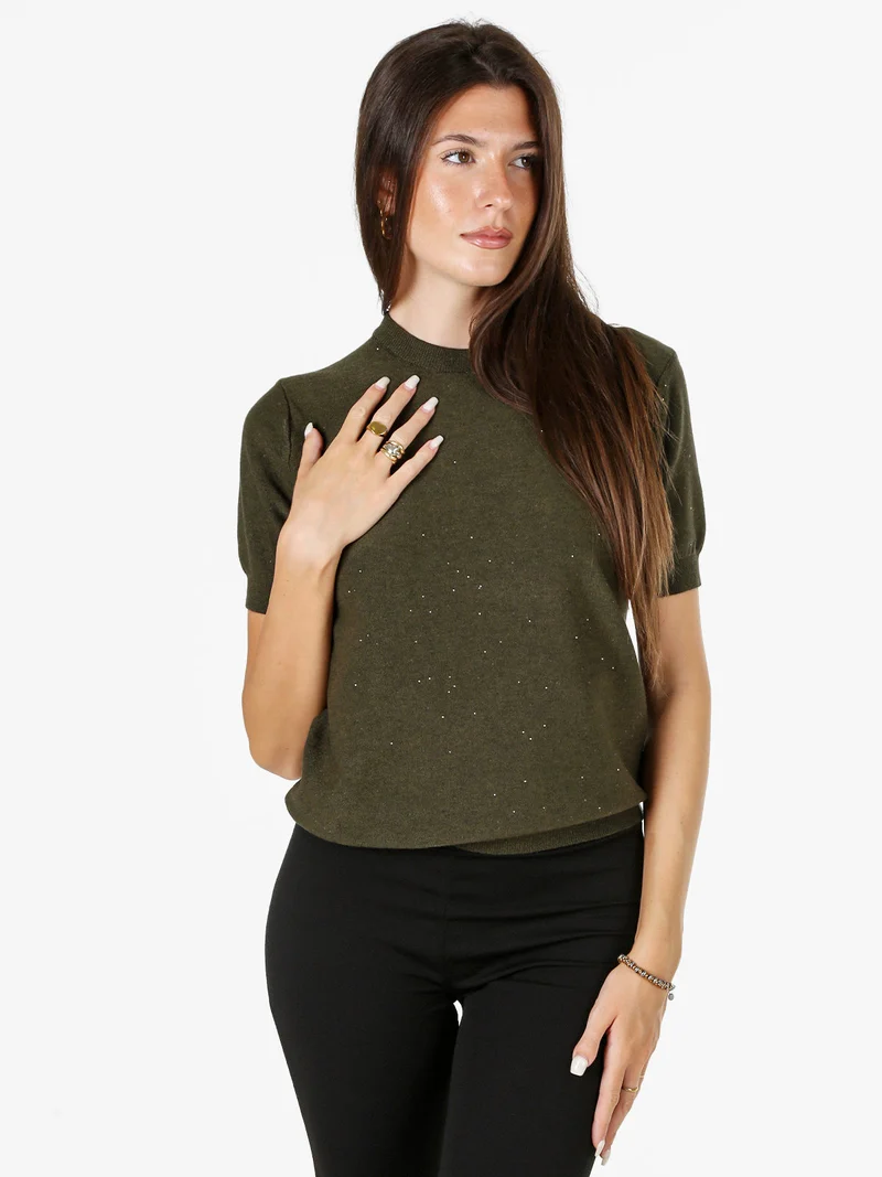 Maglia girocollo da donna a maniche corte con mini paillettes - militare