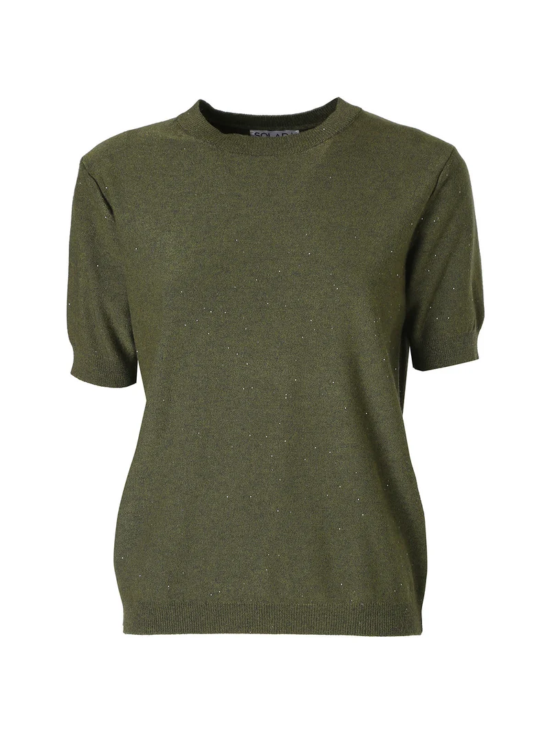 Maglia girocollo da donna a maniche corte con mini paillettes - militare