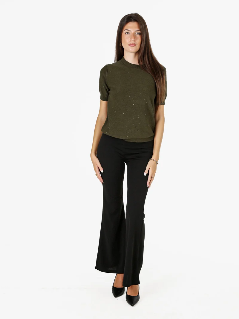 Maglia girocollo da donna a maniche corte con mini paillettes - militare