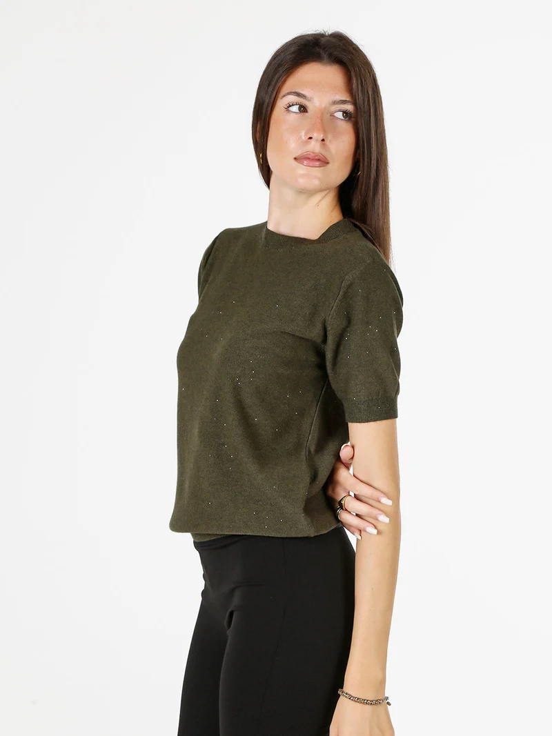 Maglia girocollo da donna a maniche corte con mini paillettes - militare