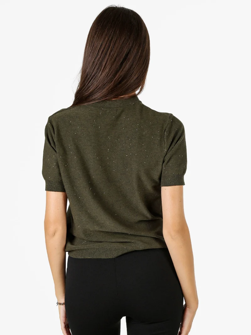 Maglia girocollo da donna a maniche corte con mini paillettes - militare