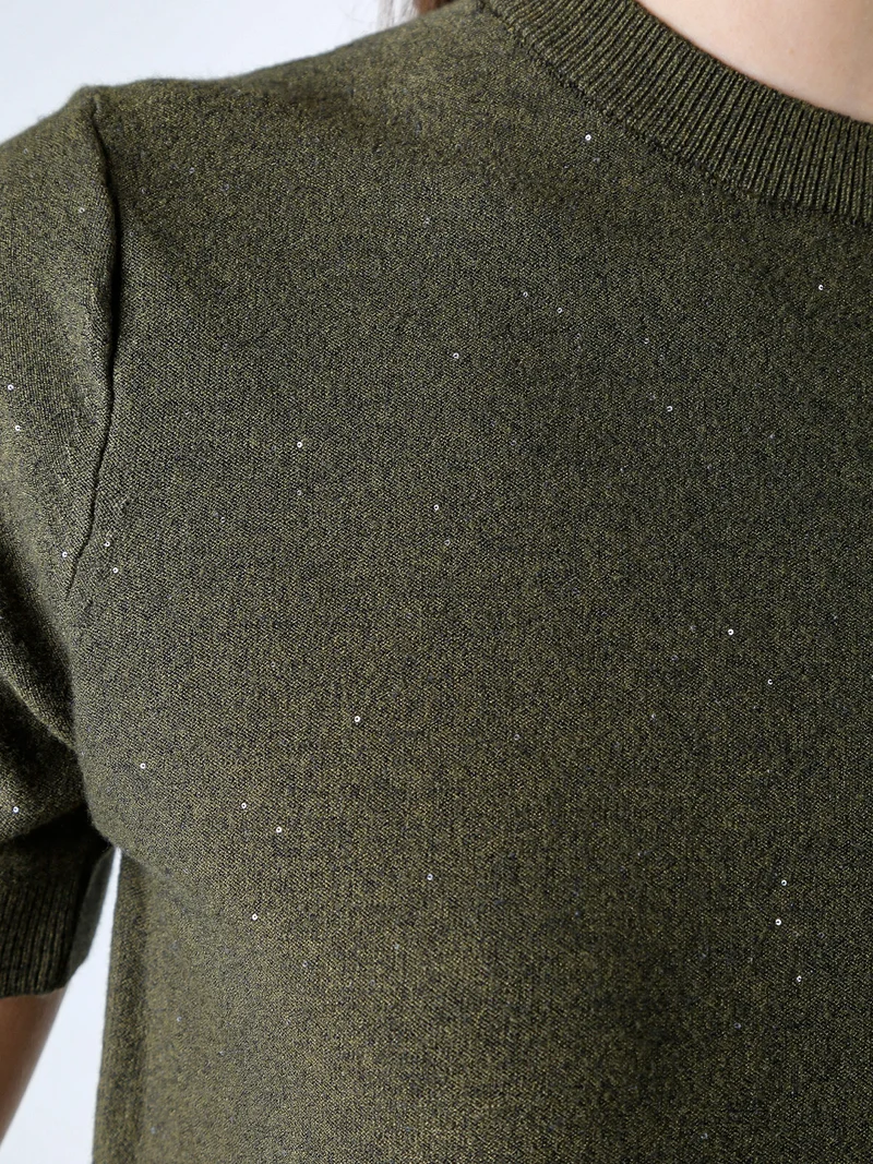 Maglia girocollo da donna a maniche corte con mini paillettes - militare
