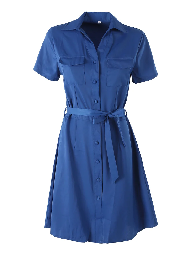 Abito a camicia da donna con maniche corte e bottoni - blu