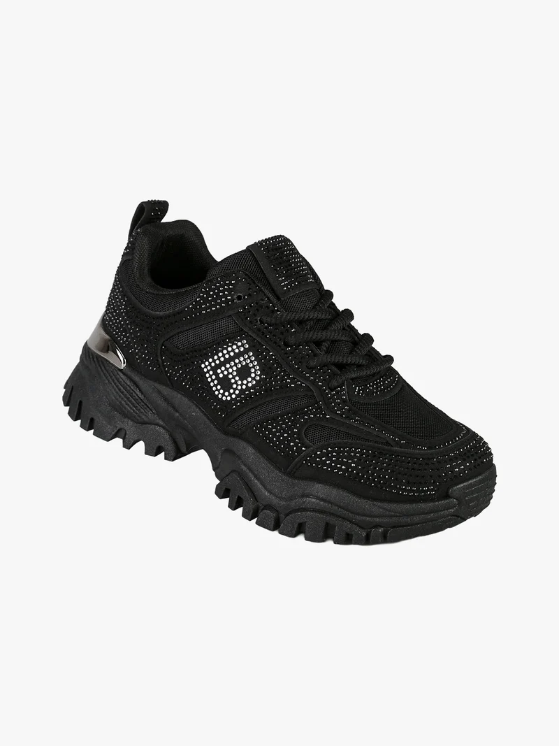 Sneakers donna con strass e suola alta - nero