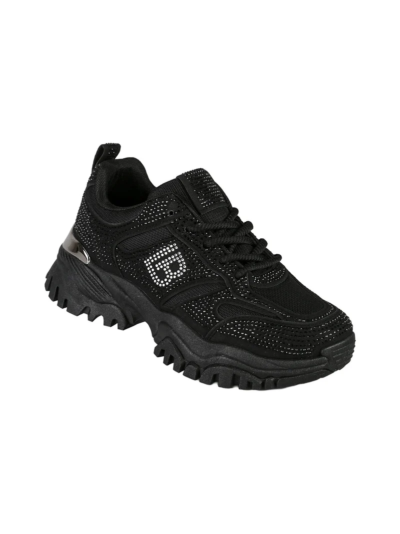 Sneakers donna con strass e suola alta - nero