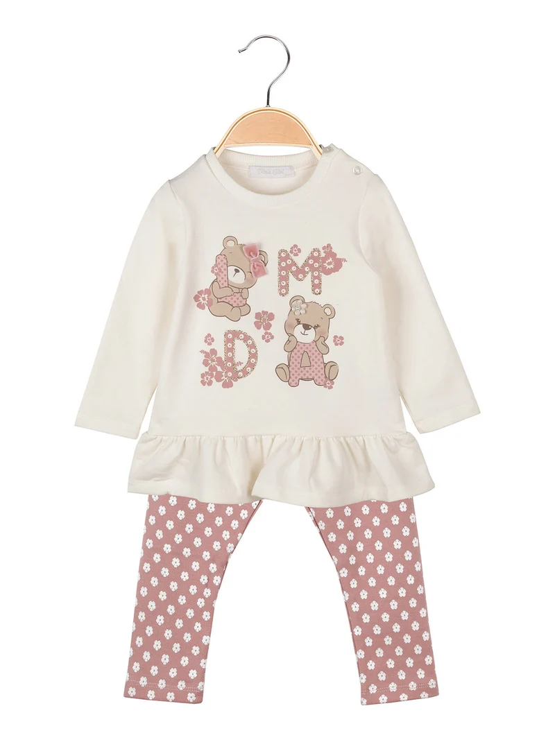 Completo 2 pezzi da neonata con maglietta orsacchiotti e leggings a fiori - panna
