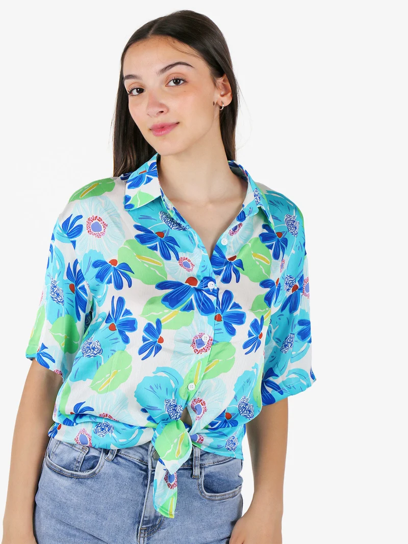 Camicetta da donna floreale a maniche corte - blu