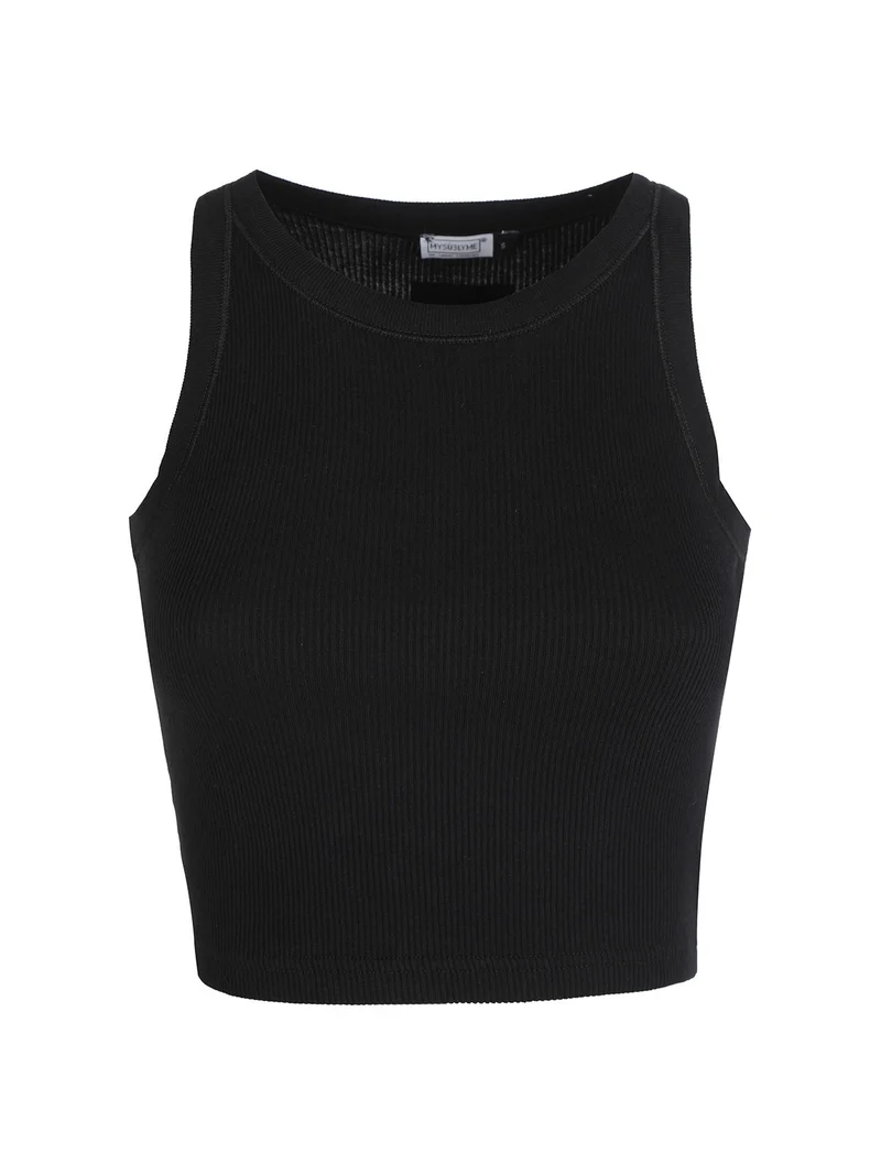 Canotta cropped da donna a costine - nero