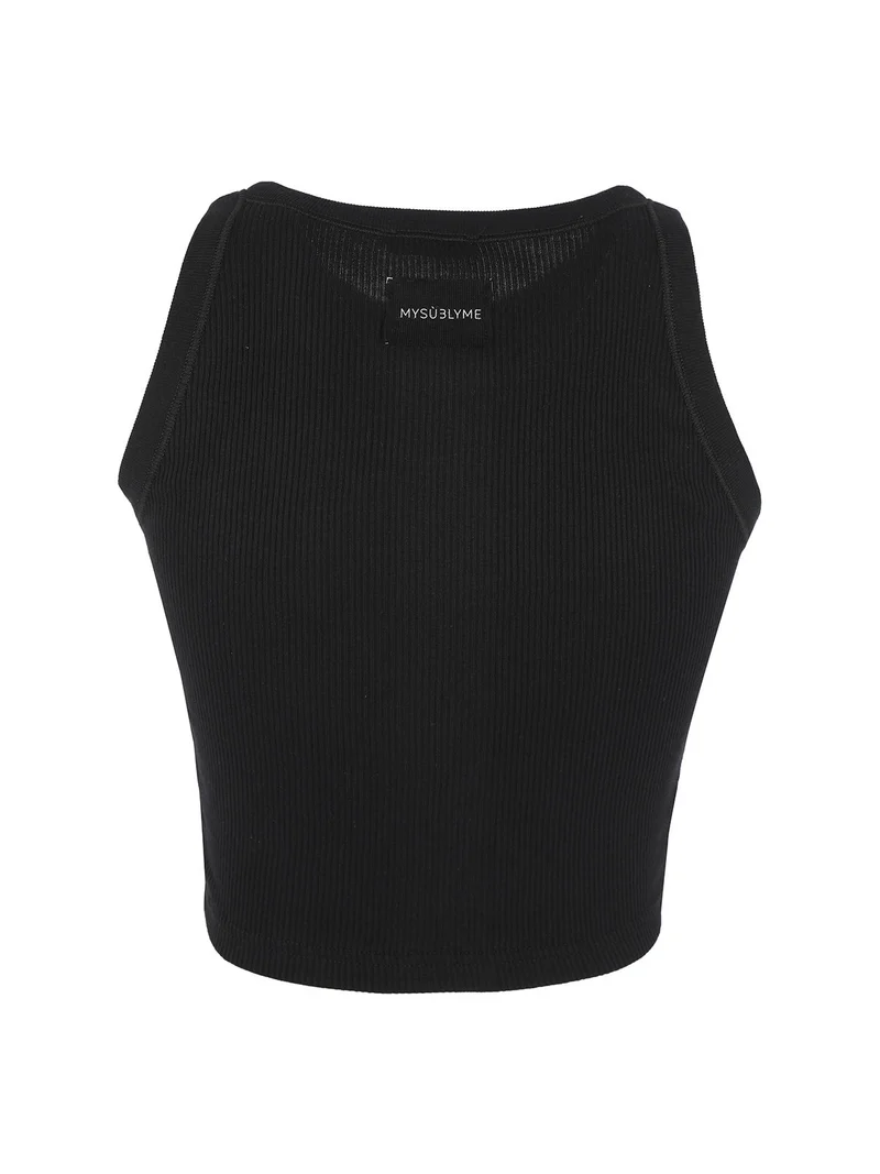 Canotta cropped da donna a costine - nero