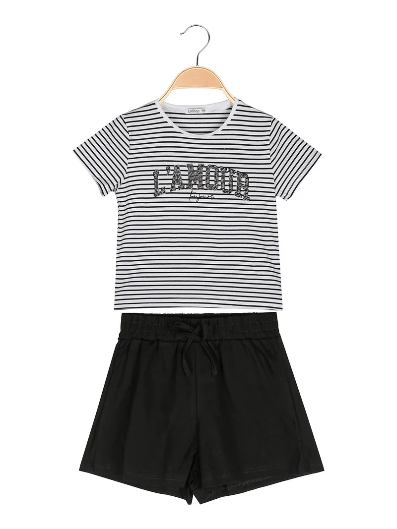 Completo corto da bambina con t-shirt rigata con strass e shorts - nero