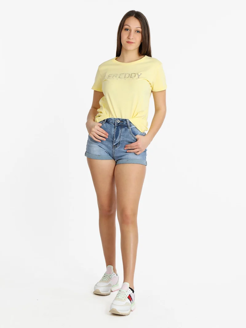 T-shirt manica corta donna con scritta - giallo