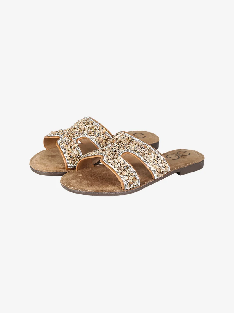 Ciabatte donna con strass e pietre colorate - cammello